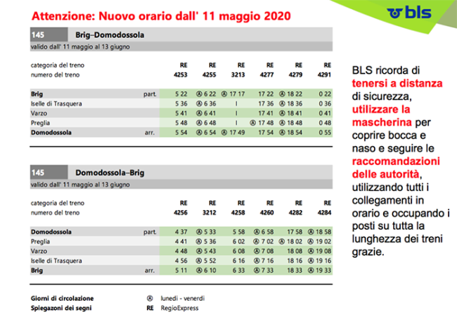 orario treni bls 11 maggio 20